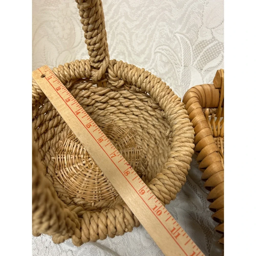 Vintage Woven Wicker Basket Set Round Rope Handle‎ and Rectangular Wood Handle